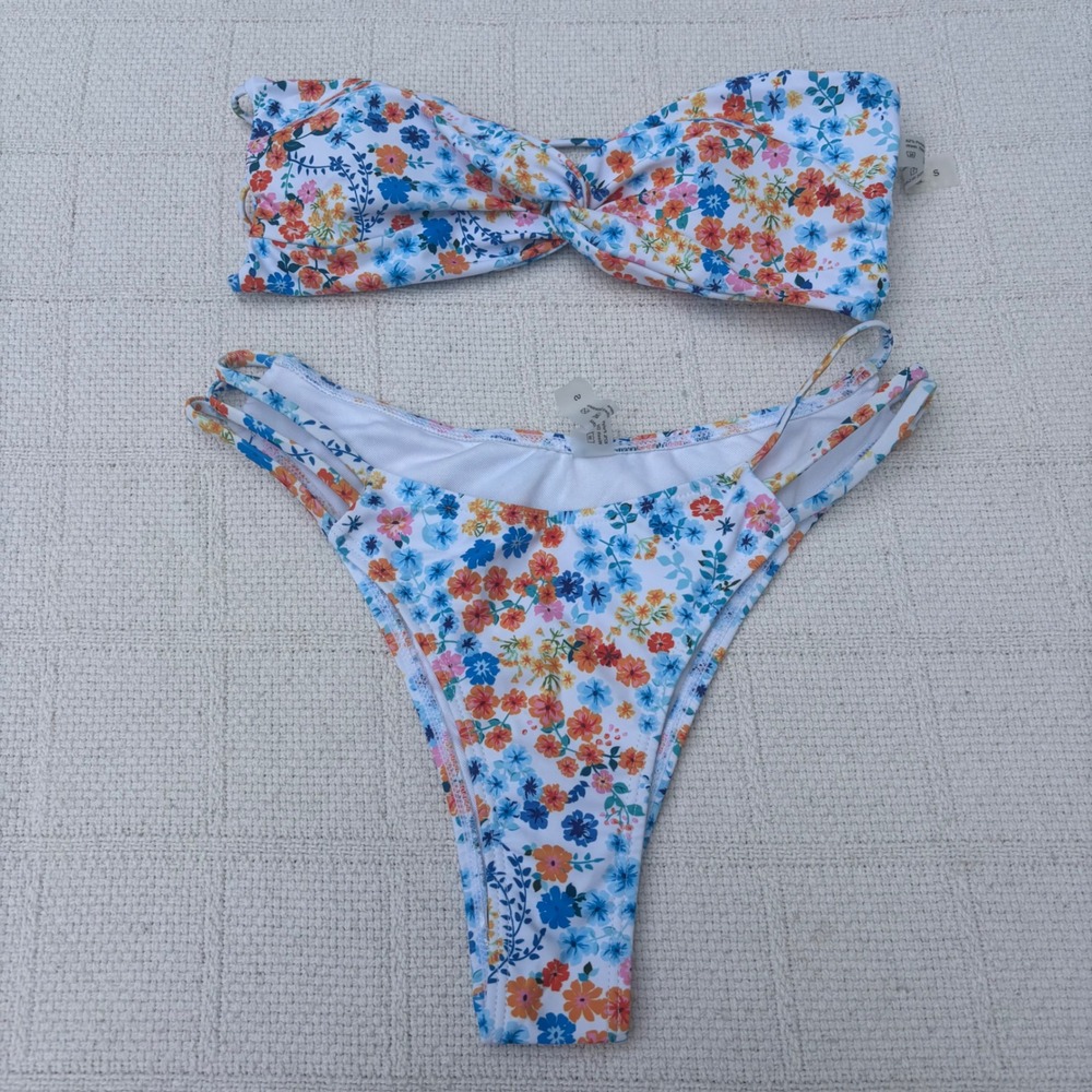 Women's Small AMAZON White Multi Floral Bandeau Strapless High Leg Bikini Set